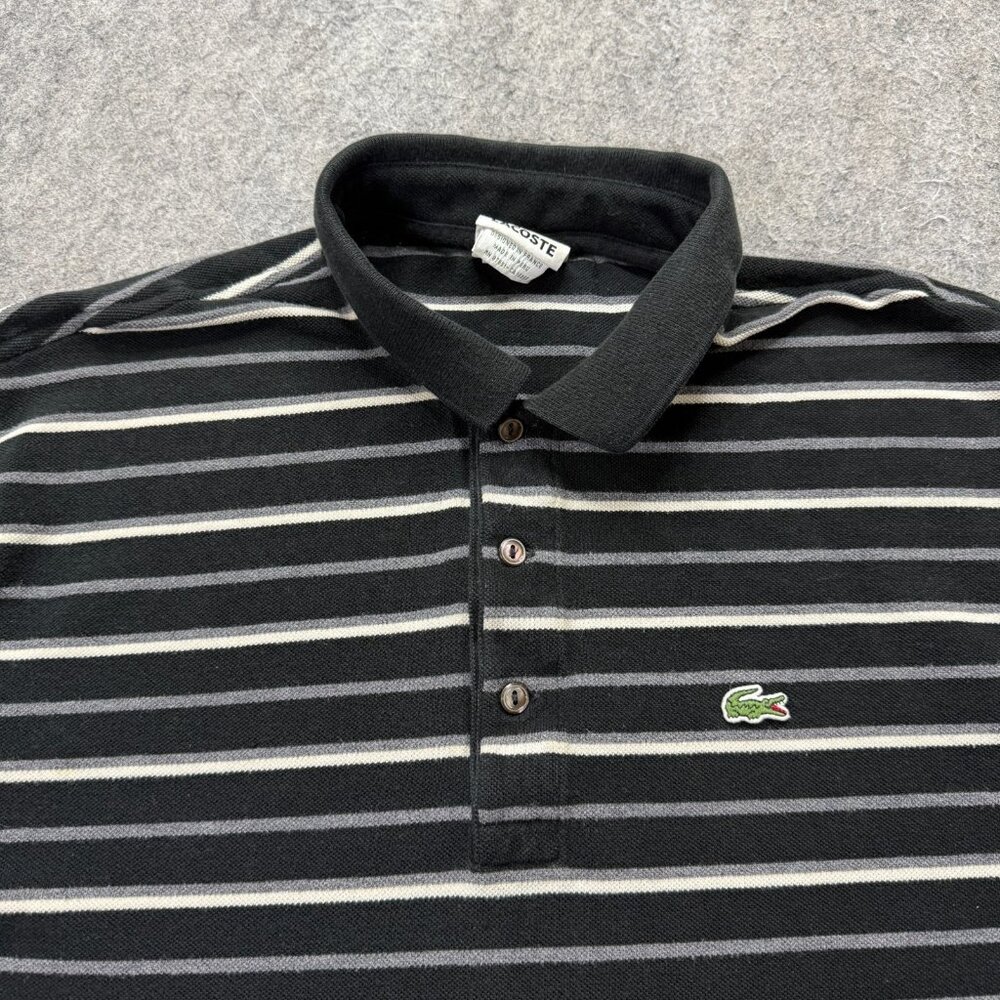 Lacoste Polo Shirt Men 7 Black Gray White Striped Short Sleeve